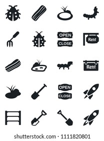 Set of vector isolated black icon - job vector, garden fork, shovel, lady bug, caterpillar, pond, rack, rent, bacon, open close, rocket