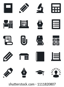Set of vector isolated black icon - calculator vector, graduate, abacus, desk, pencil, contract, microscope, copybook, paper clip, ink pen, book, shining head