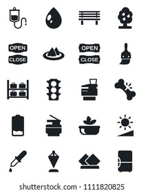 Set of vector isolated black icon - luggage storage vector, pennant, water drop, bench, dropper, broken bone, traffic light, low battery, themes, brightness, copier, fruit tree, serviette, salad