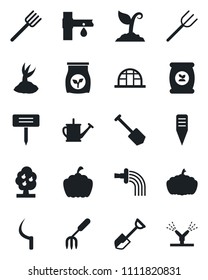 Set of vector isolated black icon - job vector, garden fork, shovel, farm, watering can, sproute, sickle, plant label, pumpkin, greenhouse, fertilizer, drip irrigation, fruit tree