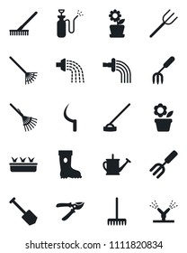 Set of vector isolated black icon - job vector, flower in pot, garden fork, farm, rake, watering can, pruner, boot, seedling, hoe, sickle, sprayer, irrigation