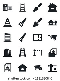 Set of vector isolated black icon - barrier vector, border cone, office building, trowel, ladder, wheelbarrow, saw, hospital, house, with tree, plan, estate document, city, crane