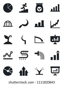 Set of vector isolated black icon - growth statistic vector, watering, sproute, sickle, greenhouse, fertilizer, drip irrigation, bar graph, pie, point, career ladder, arrow up, crisis, presentation