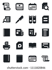 Set of vector isolated black icon - book vector, document search, pen, notepad, printer, contract, medical calendar, news, copybook, schedule