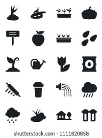 Set of vector isolated black icon - watering can vector, sproute, seedling, rain, plant label, pumpkin, seeds, pond, tulip, oil barrel, house with tree, rolling pin, apple fruit, water filter