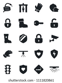 Set of vector isolated black icon - security gate vector, smoking place, glove, boot, hose, heart shield, traffic light, protect, lock, key, home, surveillance, sprinkler