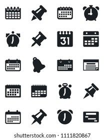 Set of vector isolated black icon - alarm clock vector, drawing pin, calendar, term, paper, bell, schedule