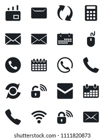 Set of vector isolated black icon - phone vector, mail, mouse, calendar, call, update, wireless, calculator, lock