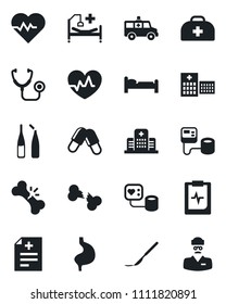 Set of vector isolated black icon - bed vector, heart pulse, doctor case, diagnosis, stethoscope, blood pressure, pills, ampoule, scalpel, ambulance car, hospital, stomach, broken bone, clipboard