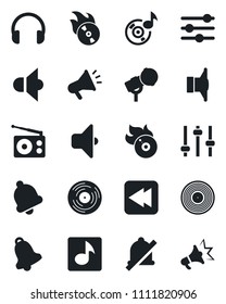 Set of vector isolated black icon - vinyl vector, flame disk, microphone, radio, speaker, headphones, rewind, tuning, bell, mute, music, sound, advertising