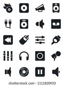 Set of vector isolated black icon - vinyl vector, flame disk, microphone, speaker, loudspeaker, settings, headphones, pause button, rewind, rec, rca, hdmi, tuning, record, sound