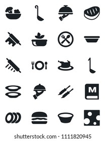 Set of vector isolated black icon - cafe vector, menu, salad, plates, waiter, chicken, steak, kebab, hamburger, ladle, bowl, rolling pin, cheese