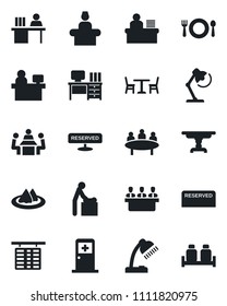 Set of vector isolated black icon - cafe vector, baby room, reception, flight table, medical, desk, meeting, manager place, lamp, serviette, reserved, salt and pepper