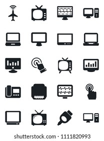 Set of vector isolated black icon - plane radar vector, statistic monitor, pulse, tv, touch screen, laptop pc, hdmi, statistics, intercome
