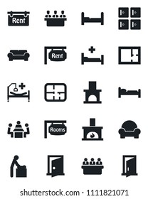 Set of vector isolated black icon - baby room vector, bed, checkroom, meeting, fireplace, hospital, plan, rent, rooms, bedroom, cushioned furniture, door