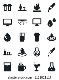 Set of vector isolated black icon - hot cup vector, water drop, dropper, flammable, monitor, alcohol, drink, cocktail, filter, sprinkler, flask