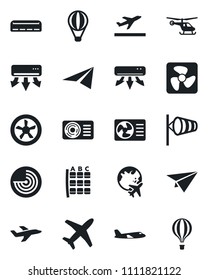 Set of vector isolated black icon - departure vector, wind, radar, plane, helicopter, seat map, globe, air conditioner, fan, paper, balloon