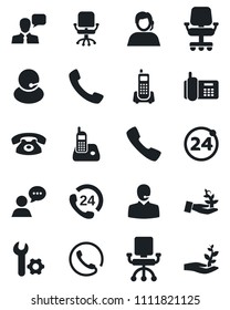 Set of vector isolated black icon - 24 around vector, office chair, phone, hours, support, speaker, radio, call, root setup, palm sproute