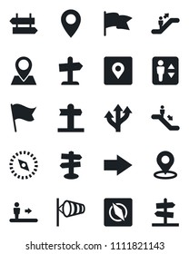Set of vector isolated black icon - elevator vector, escalator, signpost, right arrow, wind, route, pin, place tag, compass, flag, guidepost