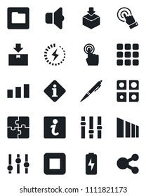 Set of vector isolated black icon - package vector, sorting, settings, touch screen, stop button, menu, folder, charge, application, pen, sound, information, social media