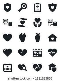 Set of vector isolated black icon - heart vector, pulse, blood pressure, diagnostic, shield, hand, real, medical calendar, clipboard, sweet home
