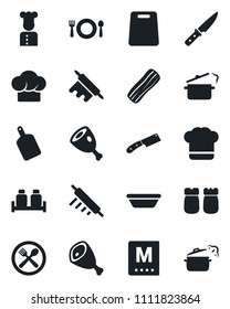 Set of vector isolated black icon - cook vector, cafe, hat, menu, bacon, salt and pepper, ham, bowl, rolling pin, cutting board, knife, steaming pan