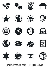 Set of vector isolated black icon - no laptop vector, ticket office, globe, document reload, pills, diet, earth, pie graph, table, police, alarm led