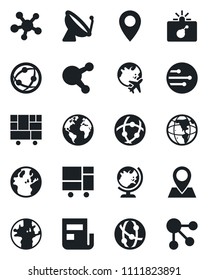 Set of vector isolated black icon - satellite antenna vector, bomb in case, globe, plane, earth, pin, consolidated cargo, network, share, news, social media
