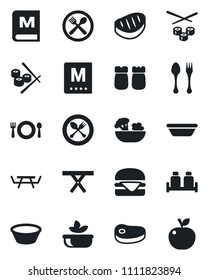 Set of vector isolated black icon - spoon and fork vector, picnic table, cafe, menu, salad, salt pepper, steak, hamburger, bowl, sushi, apple fruit