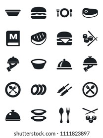 Set of vector isolated black icon - spoon and fork vector, dish, cafe, menu, plates, waiter, steak, kebab, hamburger, bowl, sushi