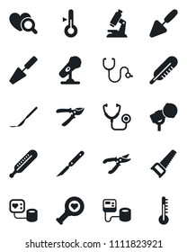 Set of vector isolated black icon - trowel vector, pruner, saw, stethoscope, blood pressure, thermometer, heart diagnostic, microscope, scalpel, microphone