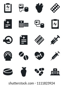 Set of vector isolated black icon - heart pulse vector, diagnosis, syringe, blood pressure, pills, blister, tomography, real, clipboard, hospital