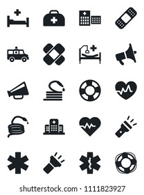 Set of vector isolated black icon - hose vector, heart pulse, doctor case, patch, ambulance star, car, hospital bed, loudspeaker, torch, crisis management