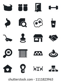 Set of vector isolated black icon - taxi vector, cafe, stamp, shop, bulb, lawn mower, barbell, stomach, search cargo, document, sweet home, phyto bar, salt and pepper, chicken, omelette, water, door