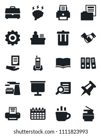 Set of vector isolated black icon - trash bin vector, handshake, gear, book, document search, coffee, brainstorm, drawing pin, calendar, factory, office phone, case, presentation board, folder