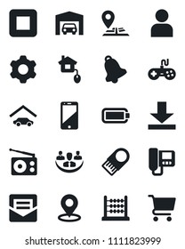 Set of vector isolated black icon - navigation vector, radio, gamepad, cell phone, stop button, settings, user, bell, mail, download, place tag, battery, company, abacus, garage, home control, cart