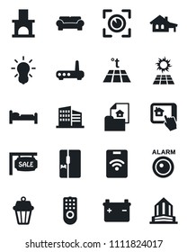 Set of vector isolated black icon - bed vector, fireplace, house with garage, estate document, sale, office building, cushioned furniture, fridge, remote control, router, home app, warm floor, bulb