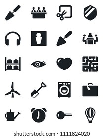 Set of vector isolated black icon - suitcase vector, male, luggage storage, trowel, shovel, watering can, eye, shield, headphones, heart, alarm, cut, meeting, windmill, key, washer, chip