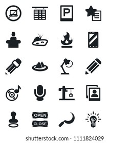 Set of vector isolated black icon - parking vector, no laptop, reception, stamp, flight table, mobile phone, pencil, fire, sickle, microphone, favorites list, music, photo gallery, desk lamp, pond