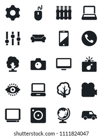 Set of vector isolated black icon - phone vector, bomb in case, globe, camera, mouse, tree, settings, tv, video, cell, monitor, laptop pc, mobile, eye id, notebook, cushioned furniture, radiator