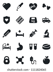 Set of vector isolated black icon - heart vector, pulse, syringe, blood test vial, dropper, thermometer, microscope, pills, blister, ambulance car, shield, hospital bed, stomach, broken bone, heavy