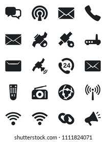 Set of vector isolated black icon - antenna vector, mail, satellite, 24 hours, radio, remote control, dialog, chain, call, network, wireless, router, advertising