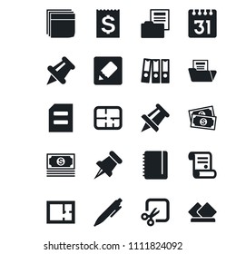 Set of vector isolated black icon - pen vector, notepad, document, drawing pin, contract, cash, receipt, paper, calendar, notes, cut, folder, blank box, binder, plan, serviette