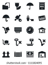 Set of vector isolated black icon - baggage trolley vector, satellite, cash, truck trailer, clock, sea port, container, folder document, cargo, umbrella, up side sign, no, hook, tulip, warehouse