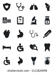 Set of vector isolated black icon - bed vector, stethoscope, thermometer, heart diagnostic, microscope, pills bottle, shield, disabled, stomach, lungs, real, tooth, implant, joint, pulse clipboard