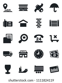 Set of vector isolated black icon - navigation vector, railroad, store, satellite, cash, traffic light, office phone, 24 hours, sea shipping, truck trailer, car delivery, clock, container, fragile