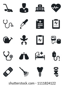 Set of vector isolated black icon - baby vector, rake, watering can, lawn mower, heart pulse, diagnosis, stethoscope, blood pressure, dropper, patch, hospital bed, lungs, implant, clipboard, doctor