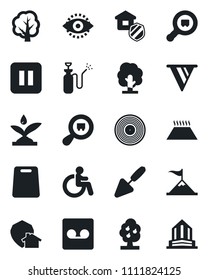 Set of vector isolated black icon - disabled vector, trowel, tree, garden sprayer, search cargo, vinyl, pause button, record, eye id, fruit, estate insurance, cutting board, irrigation, warm floor