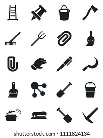 Set of vector isolated black icon - drawing pin vector, job, shovel, farm fork, rake, ladder, bucket, glove, sickle, axe, themes, paper clip, pen, stapler, steaming pan, social media, hard work