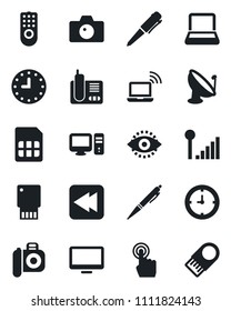 Set of vector isolated black icon - wireless notebook vector, camera, pen, clock, satellite antenna, touch screen, monitor, radio phone, rewind, sim, eye id, cellular signal, pc, remote control